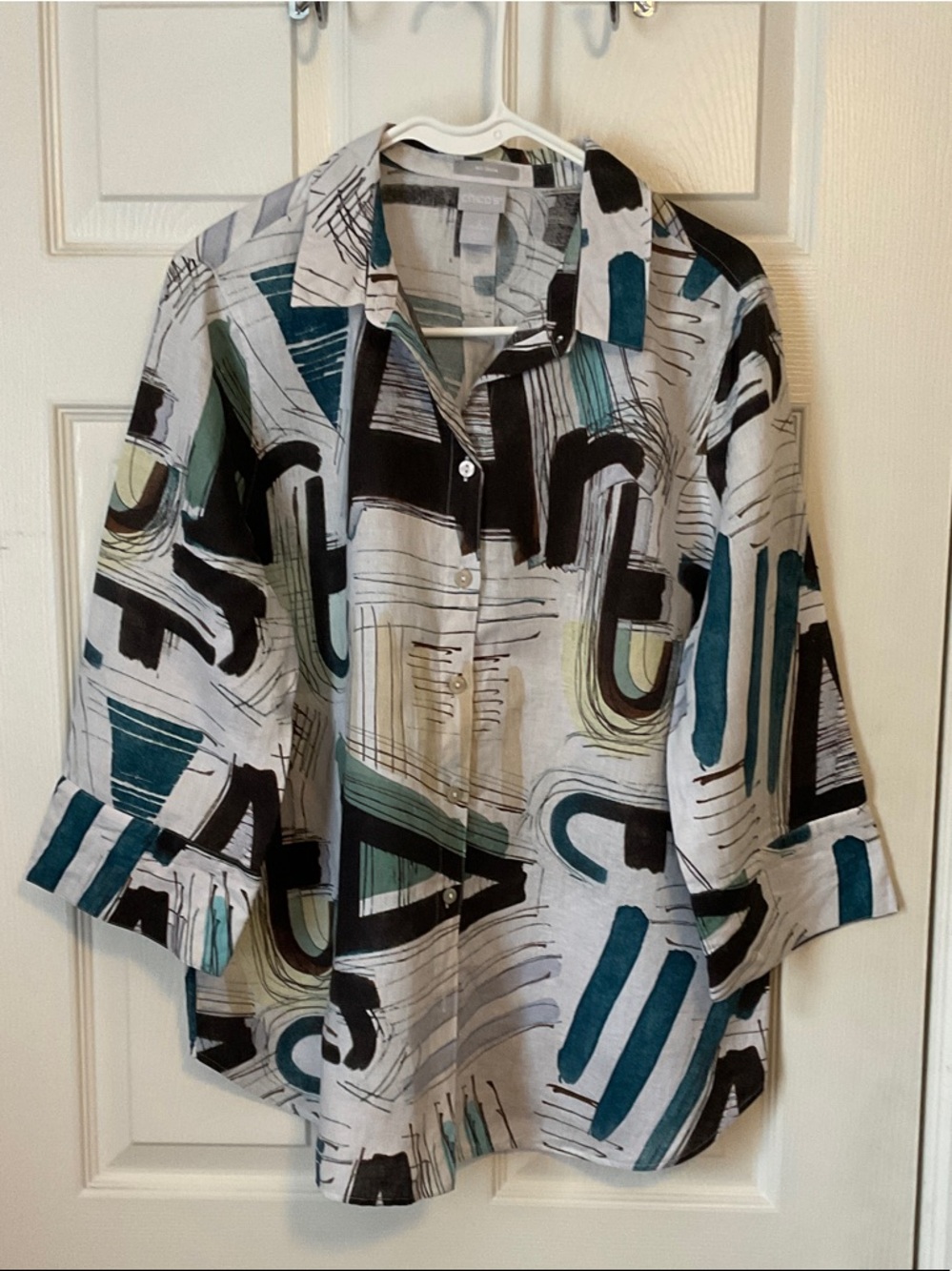 Chico's Women's No Iron 100% Linen Artwork Abstract Button Down Shirt Size L